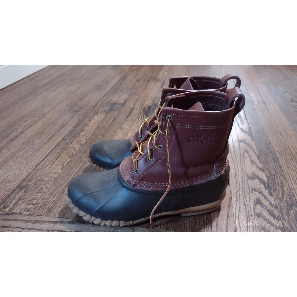 Cabelas Mens Duck Boots Size 10 Brown Leather Rubber Steel Shank Rain Snow Boots